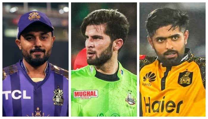 Quetta Gladiators captain Saud Shakeel, Lahore Qalandars captain Shaheen Shah Afridi and Peshawar Zalmi captain Babar Azam. — PSL/X@lahoreqalandars/Facebook@PeshawarZalmi