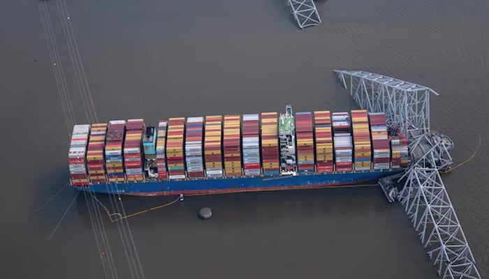 View of the Dali freighter that crashed into the Francis Scott Key Bridge causing it to collapse in Baltimore, Maryland, US, on April 4, 2024. – Reuters