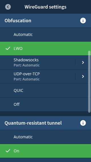 A screenshot of the Mullvad VPN app's Wireguard settings