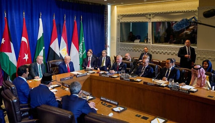 Arab and Muslim leaders attend a multilateral meeting with US President Donald Trump to discuss the situation in Gaza, on the sidelines of the United Nations General Assembly in New York City on September 23, 2025. – Reuters