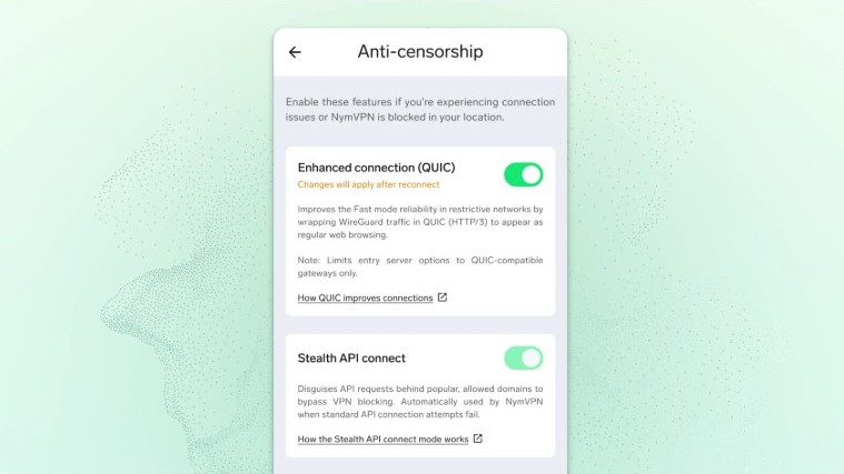 A screenshot of the Anti-Censorship tab in the NymVPN app