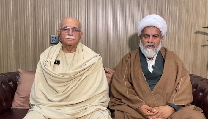 Mahmood Khan Achakzai (left), head of the Pashtunkhwa Milli Awami Party (PkMAP), and Allama Raja Nasir Abbas, head of the Majlis Wahdat-e-Muslimeen (MWM), November 8, 2025. – Screenshot via X/@MKAchakzaiPKMAP
