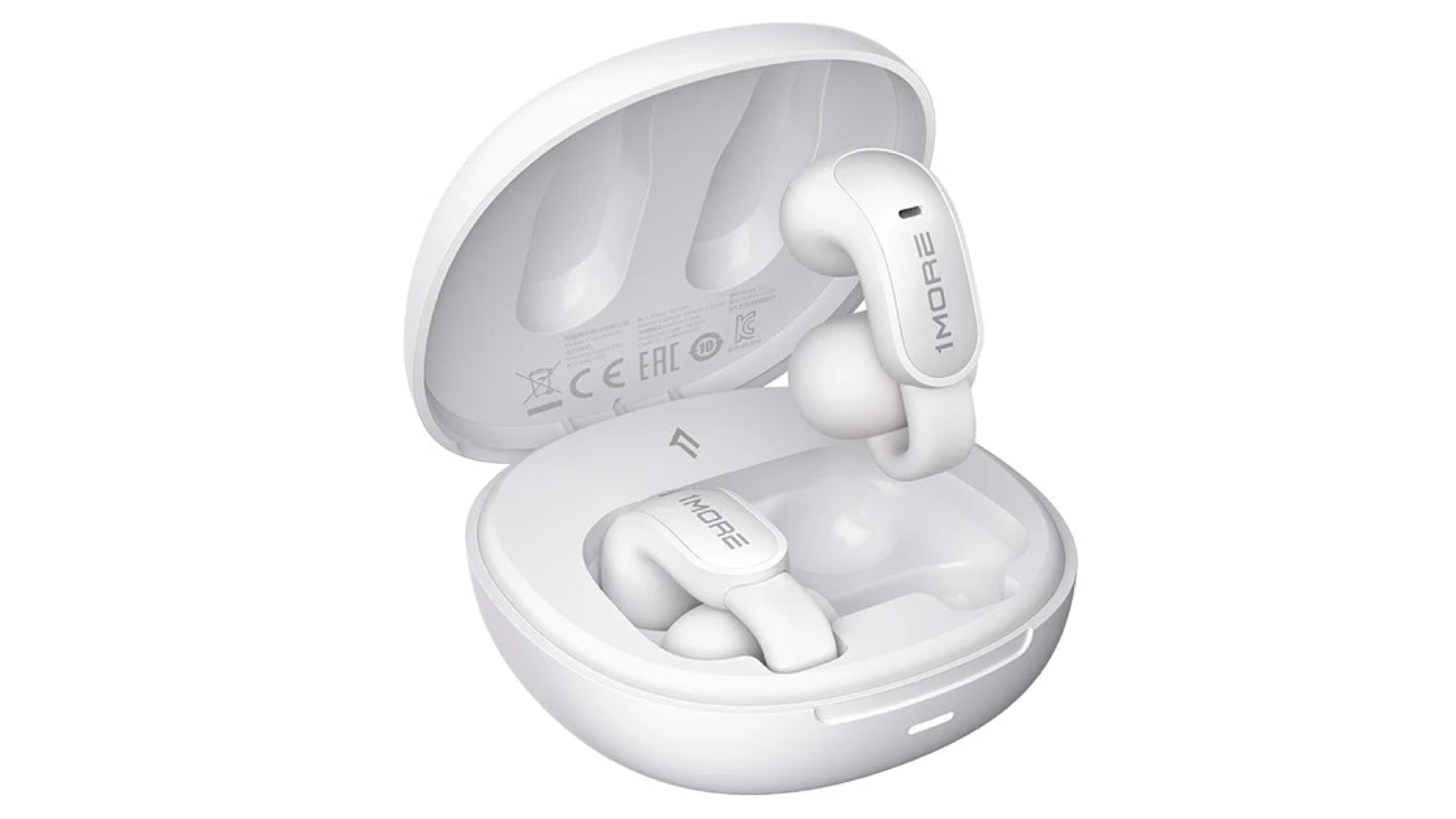 1Plus Ear Clip S12 headphones in white, in a white charging case, on a white background