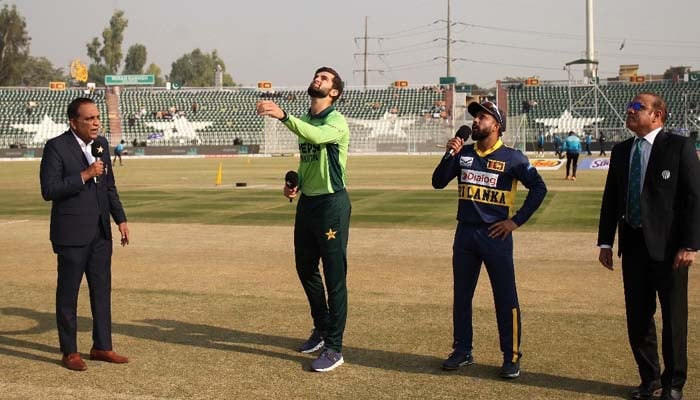 Pakistan captain Shaheen Afridi (left) and Sri Lanka captain Charith Asalanka at the toss before the third ODI of the three-match series at the Rawalpindi Cricket Stadium on November 16, 2025. – X/TheRealPCB