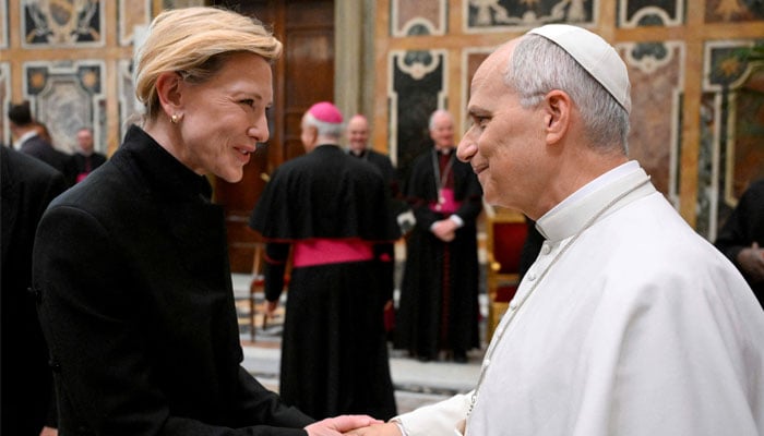 Pope Leo XIV meets with actress Cate Blanchett during an audience with artists from the world of cinema in the Clementine Hall of the Vatican, on November 15, 2025, in this image. Simone Risoluti/Vatican Media/Handout via REUTERS