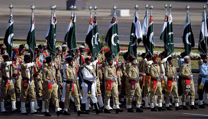 This undated image shows armed forces soldiers marching during the Pakistan Day military parade in Islamabad. —AFP