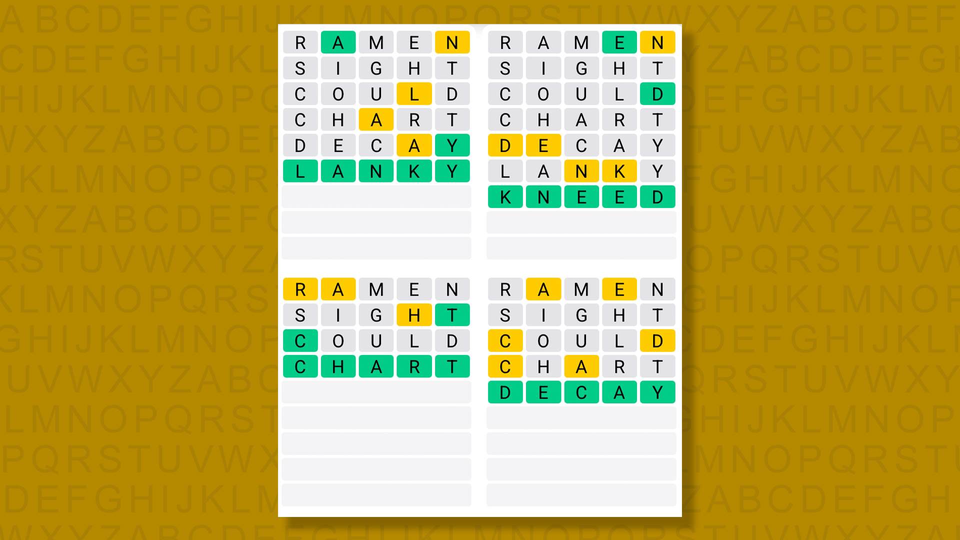 Quordle answers for game 1390 on a yellow background