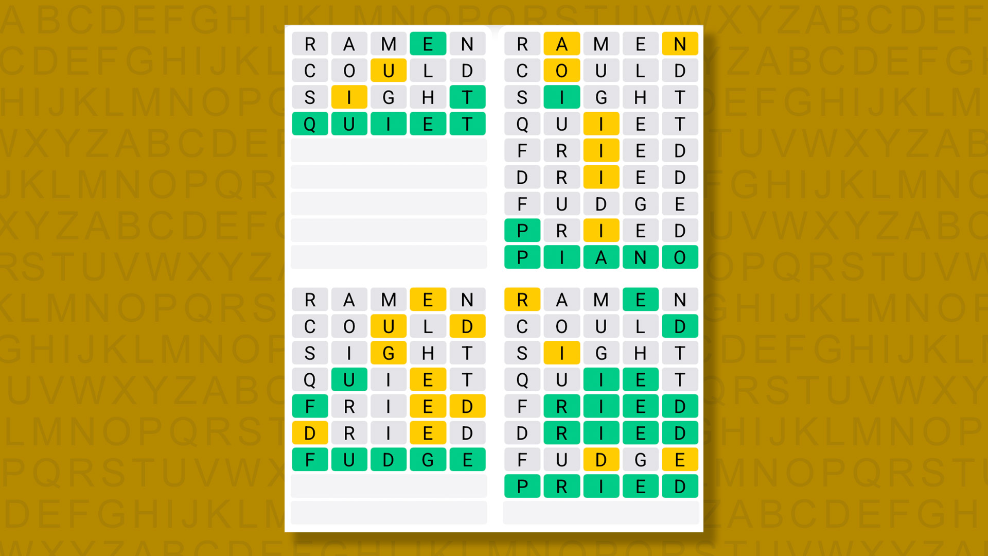 Quordle answers for the game 1400 on a yellow background