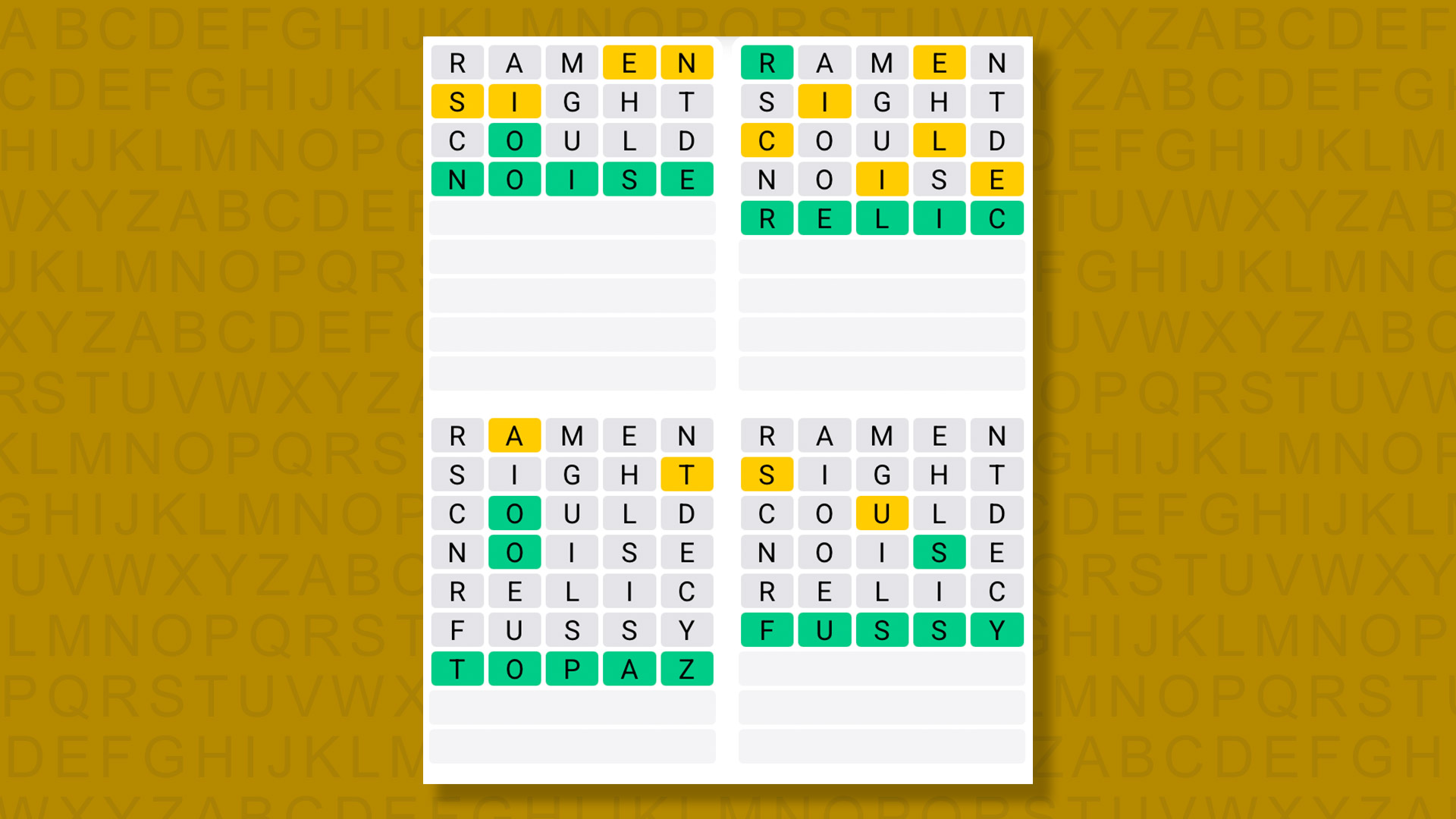 Quordle answers for game 1377 on a yellow background