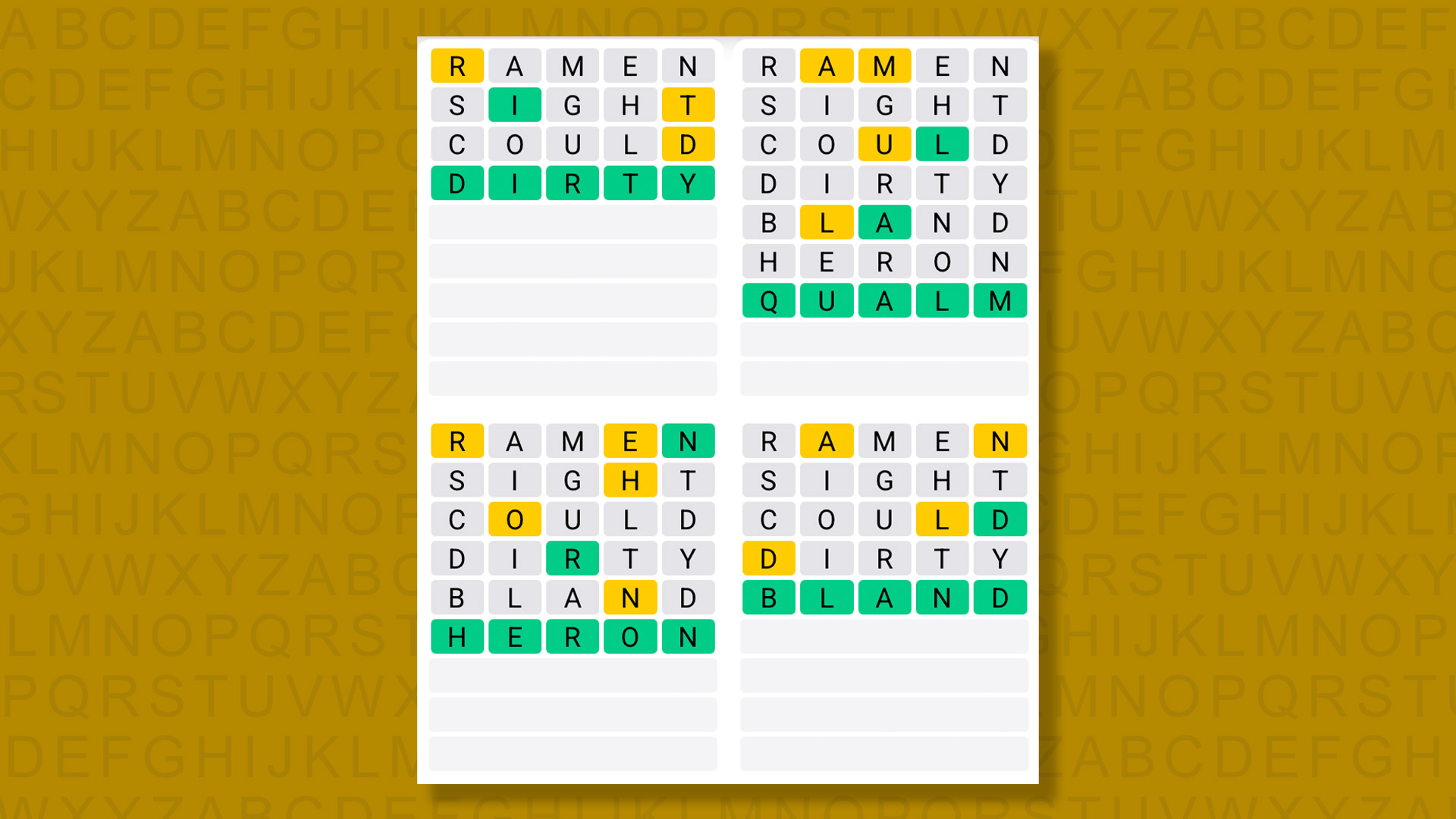 Quordle answers for game 1391 on a yellow background