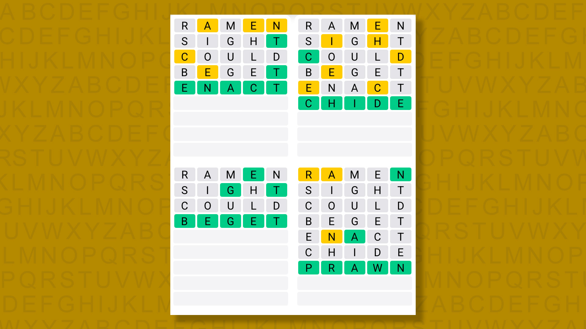 Quordle answers for the game 1398 on a yellow background