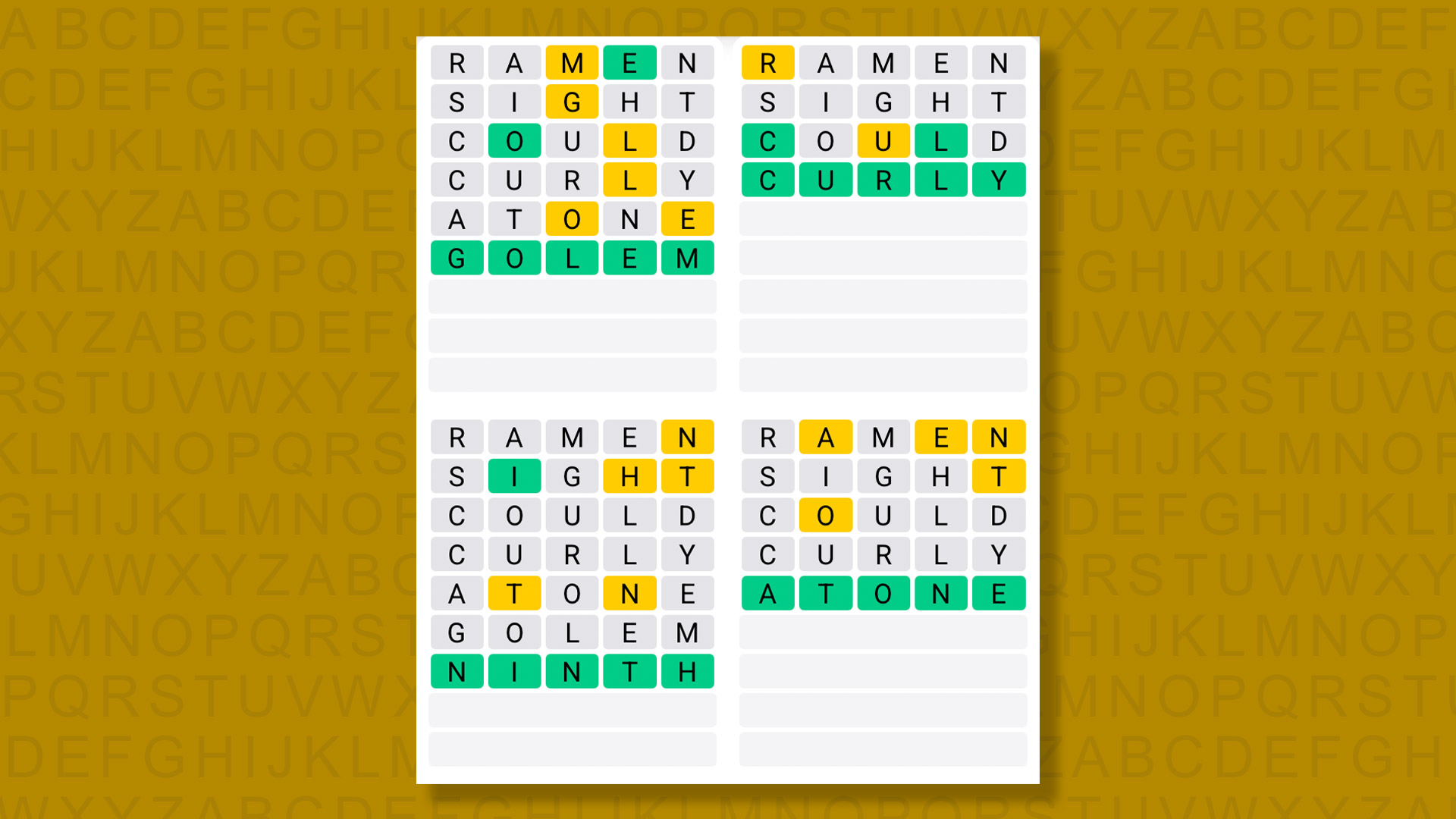 Quordle answers for the game 1399 on a yellow background