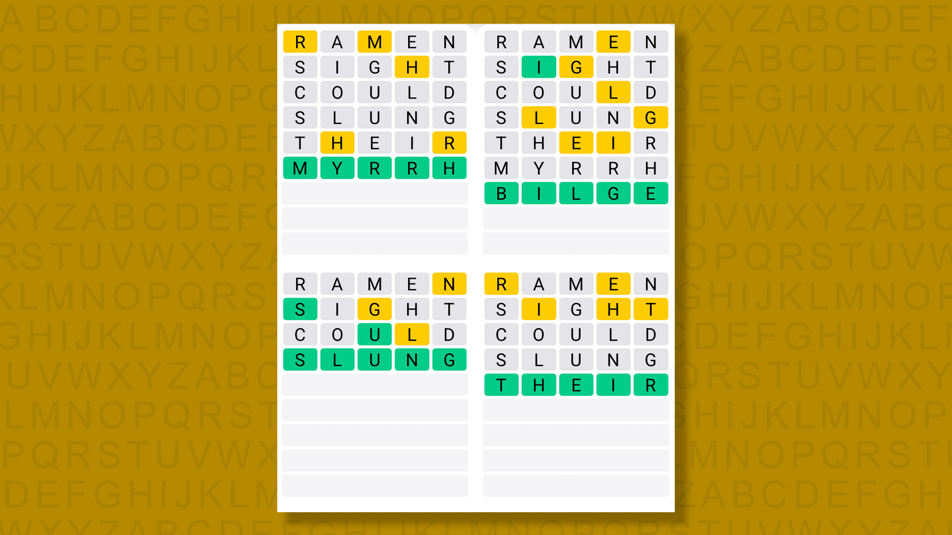 Quordle answers for game 1385 on a yellow background
