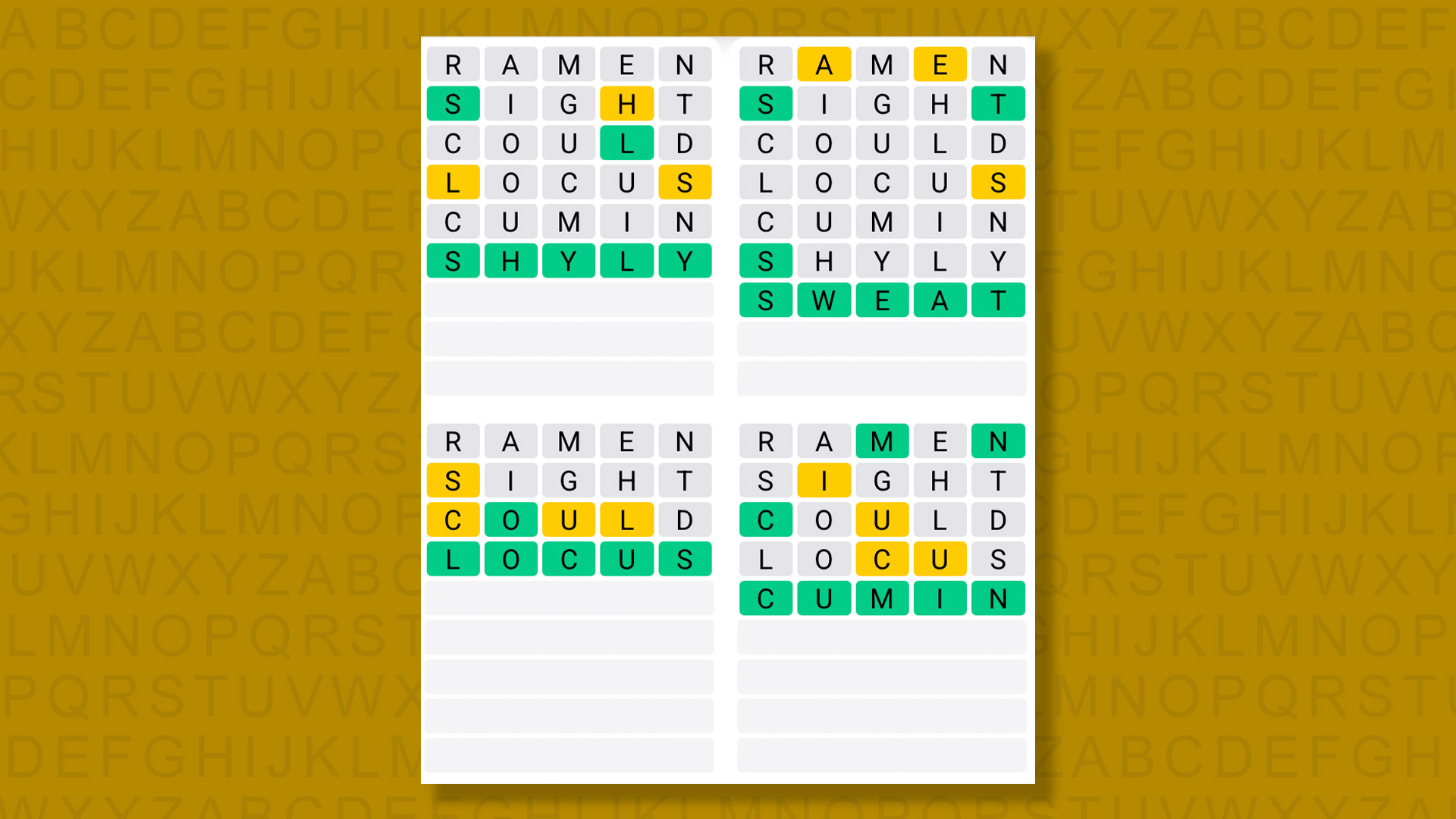 Quordle answers for the game 1389 on a yellow background