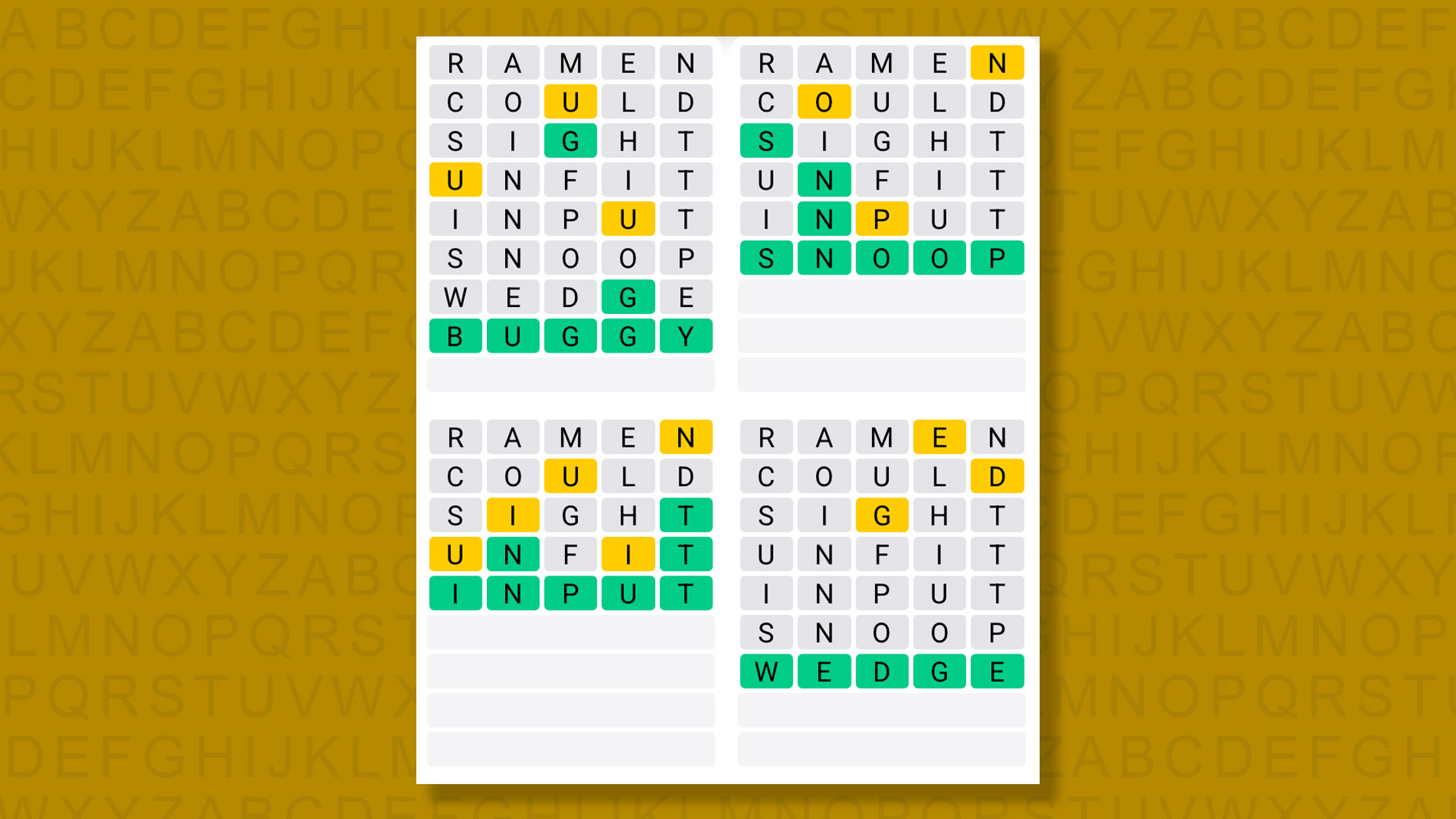 Quordle answers for the game 1380 on a yellow background