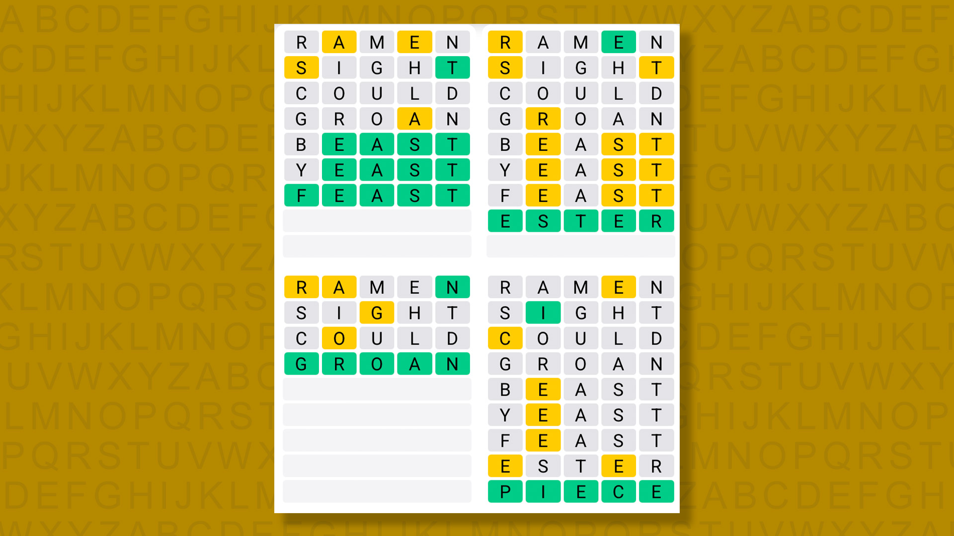 Quordle answers for the game 1388 on a yellow background