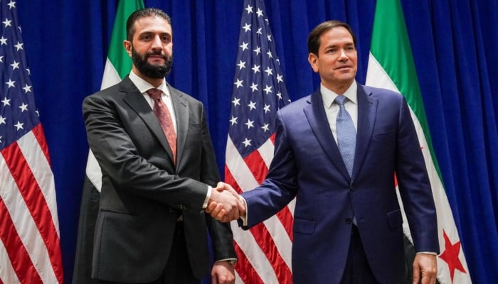 Syrian President Ahmed al-Sharaa meets with senior US diplomat Marco Rubio (right) on the sidelines of the United Nations General Assembly meeting in New York on September 22, 2025. – AFP