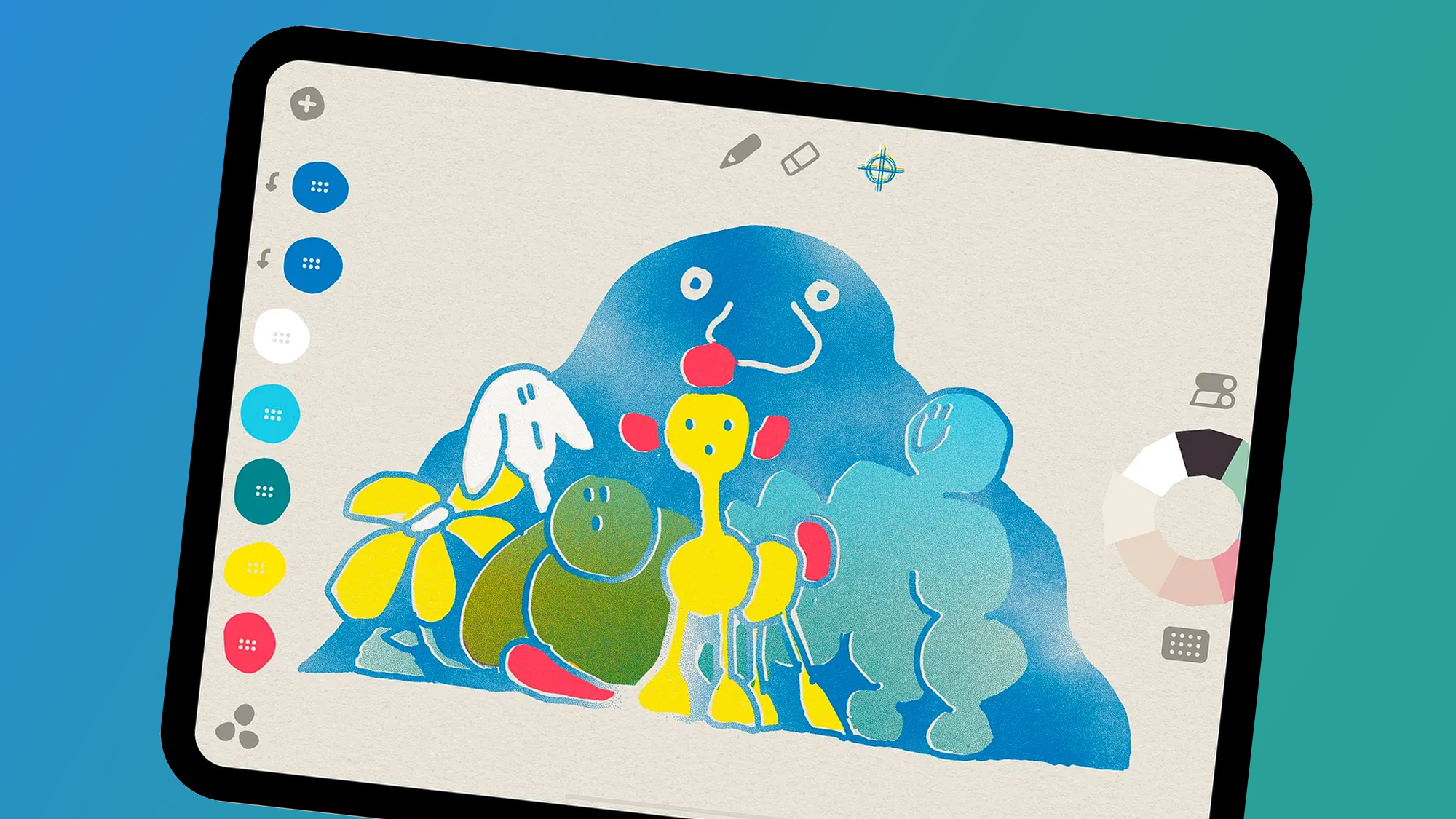 An iPad on a blue and green background showing the Graintouch app