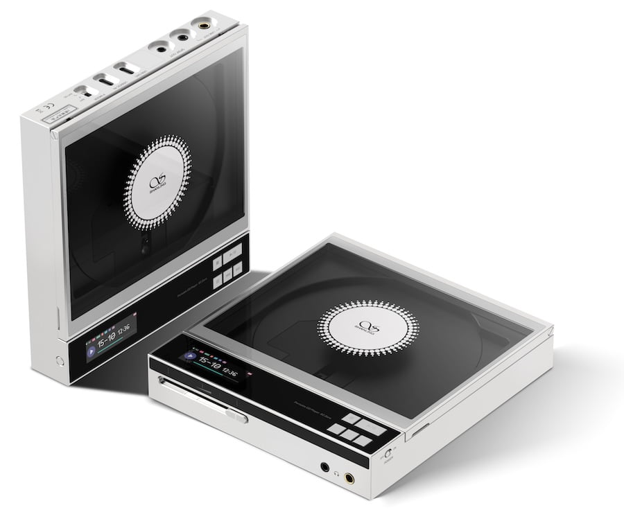 Shanling ECZero AKM is shown standing and lying on a white surface with a white background.