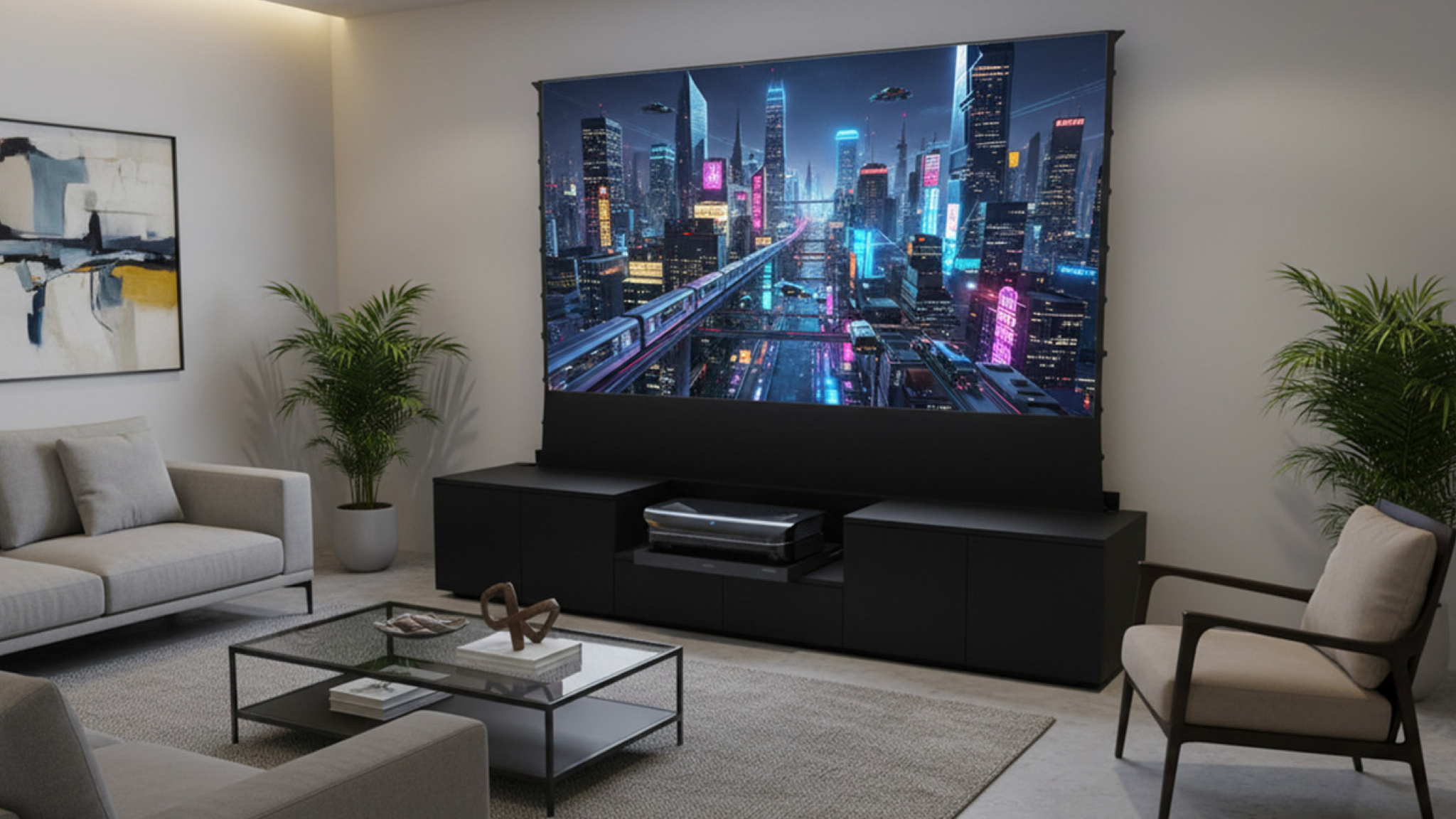 Norstone Eden Vision projector furniture in a lightly decorated room showing an image from a short throw projector