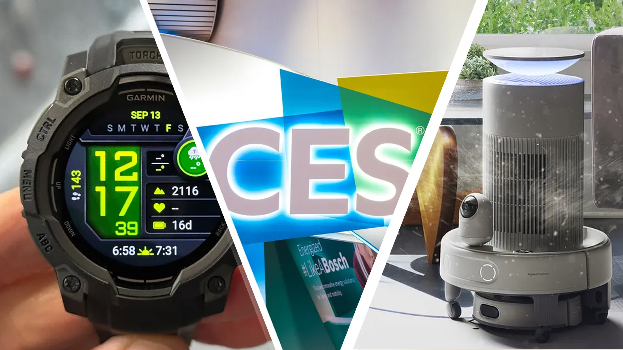 A hand holding a Garmin watch next to the CES logo and a Switchbot robot vacuum cleaner