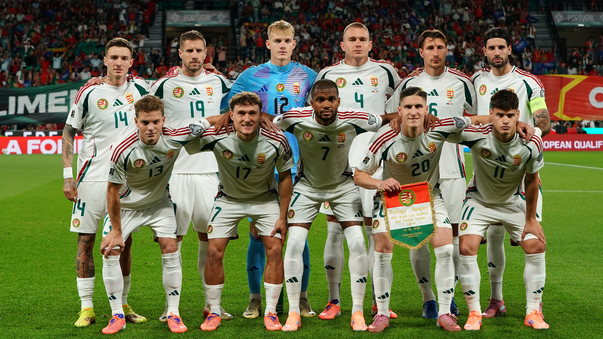 Hungary's players pose for a team photo before the start of the 2026 FIFA World Cup qualification match between Portugal and Hungary at the José Alvalade Stadium on October 14, 2025 in Lisbon, Portugal.