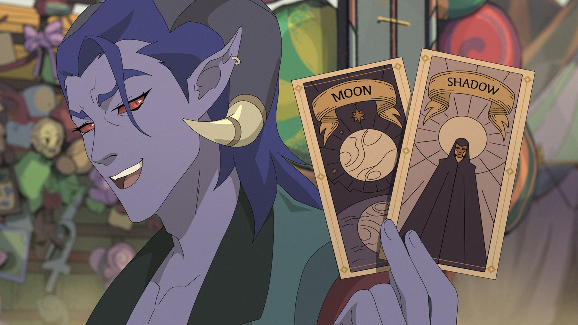 Mollymauk holding cards from Moon and Sombra in episode 3 of The Mighty Nein