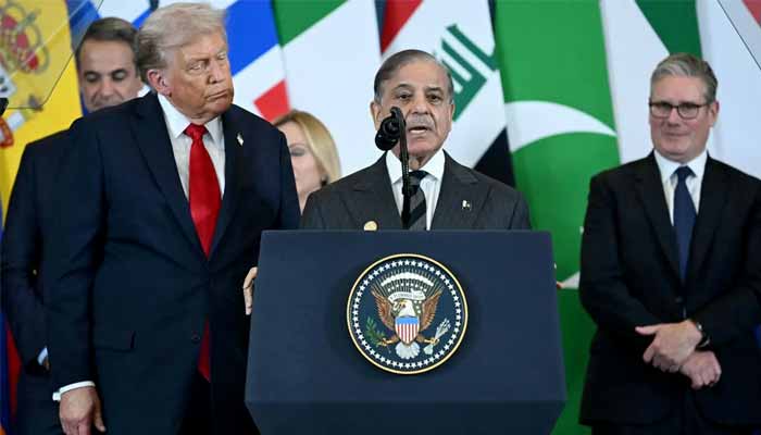 Prime Minister Shehbaz Sharif (center) speaks as US President Donald Trump (left) and British Prime Minister Keir Starmer (right) look on during the Sharm El-Sheikh Peace Summit in the Egyptian Red Sea resort city of Sharm el-Sheikh on October 13, 2025. – AFP