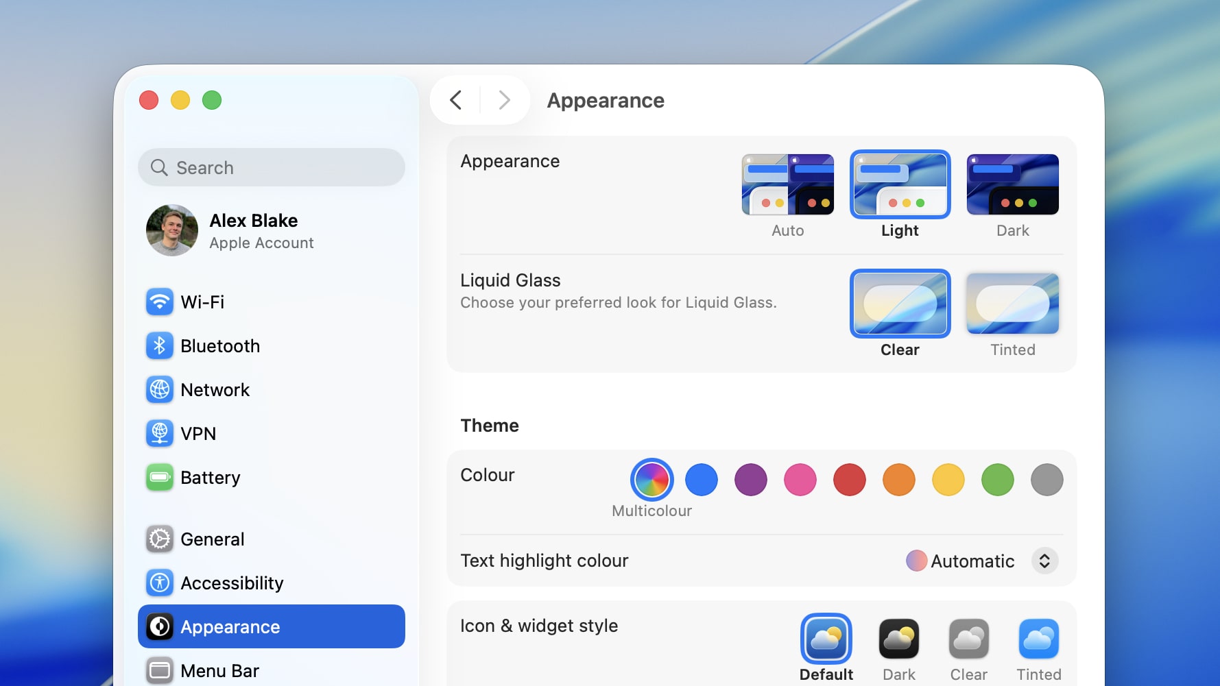 The macOS Tahoe 26.1 update showing the Liquid Glass appearance change.