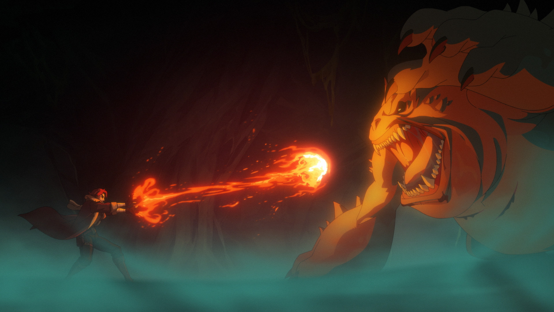 Caleb throws a fireball at a giant frog monster in episode 4 of The Mighty Nein