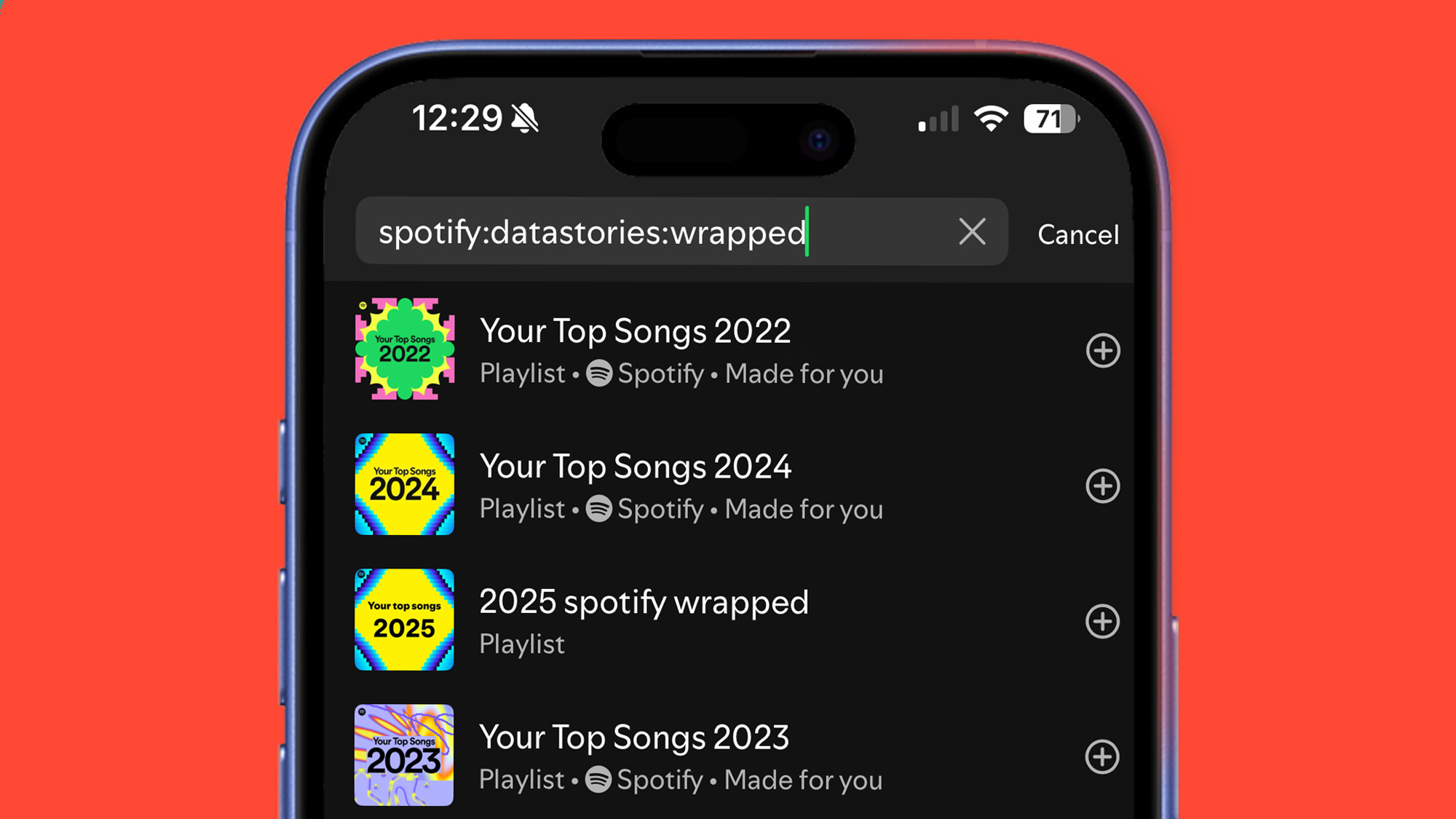 A phone on a red background displaying the Spotify app.