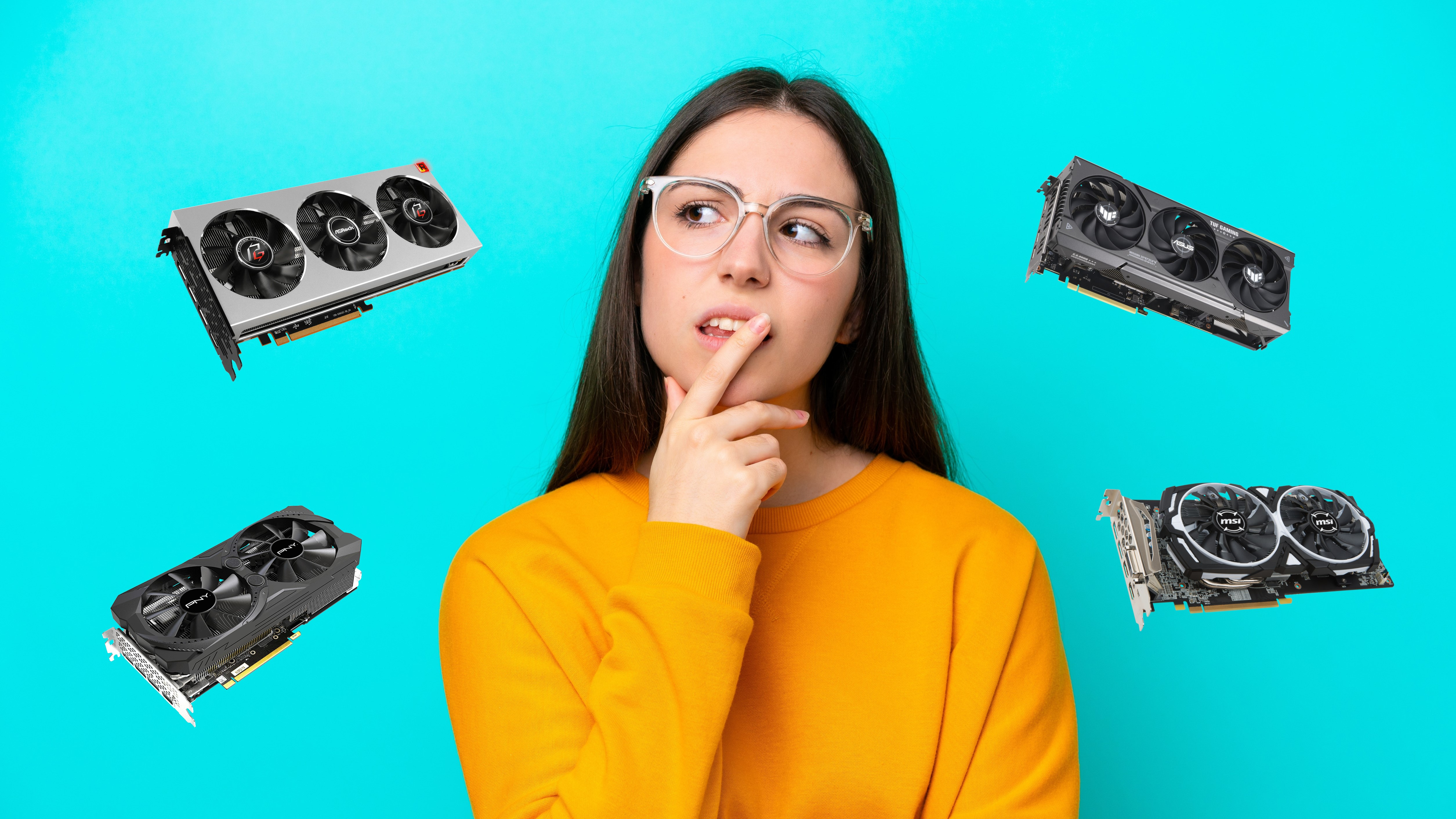 A thoughtful looking woman on a blue background surrounded by graphics cards.