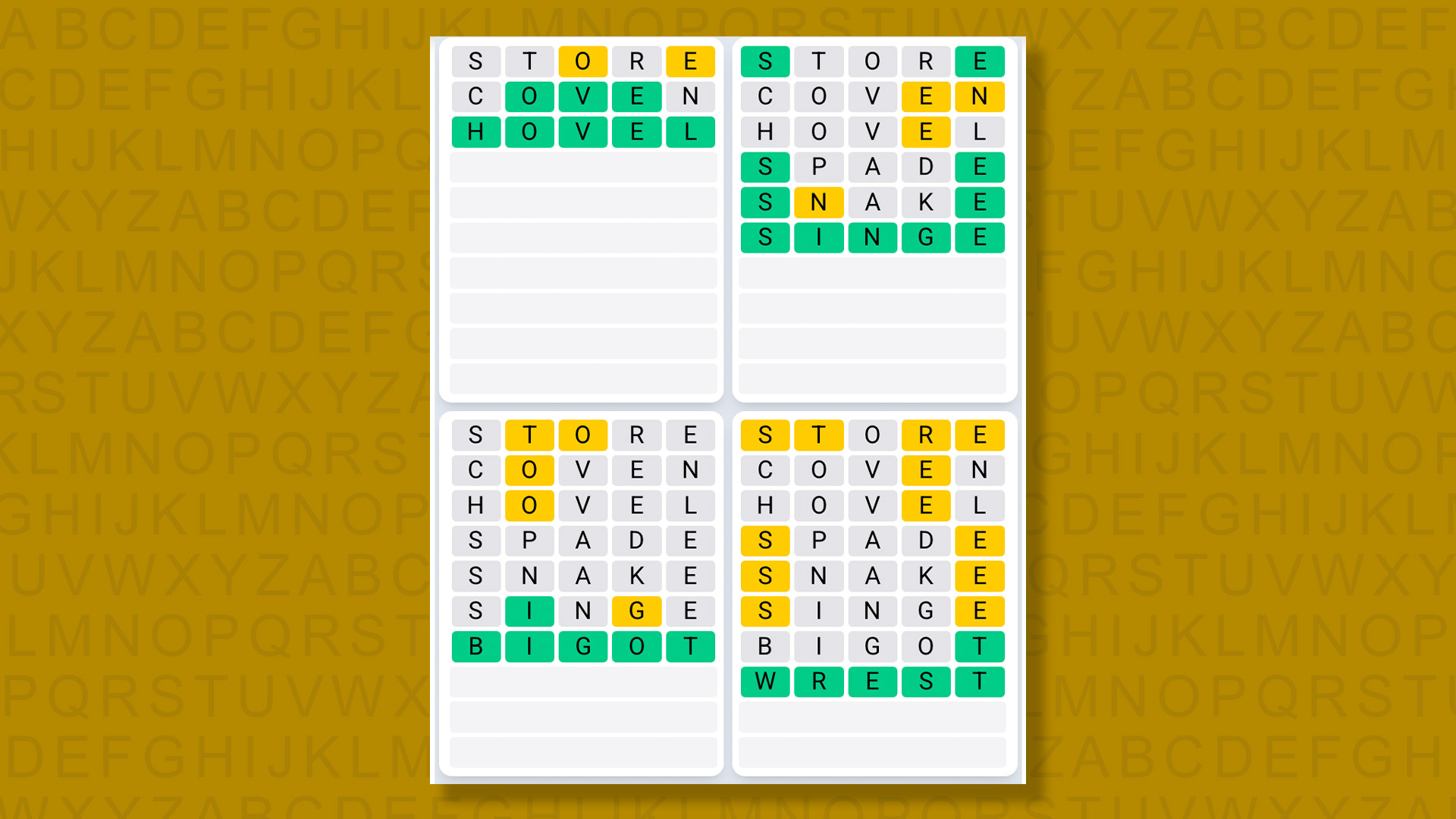 Quordle Daily Sequence answers for game 1412 on a yellow background
