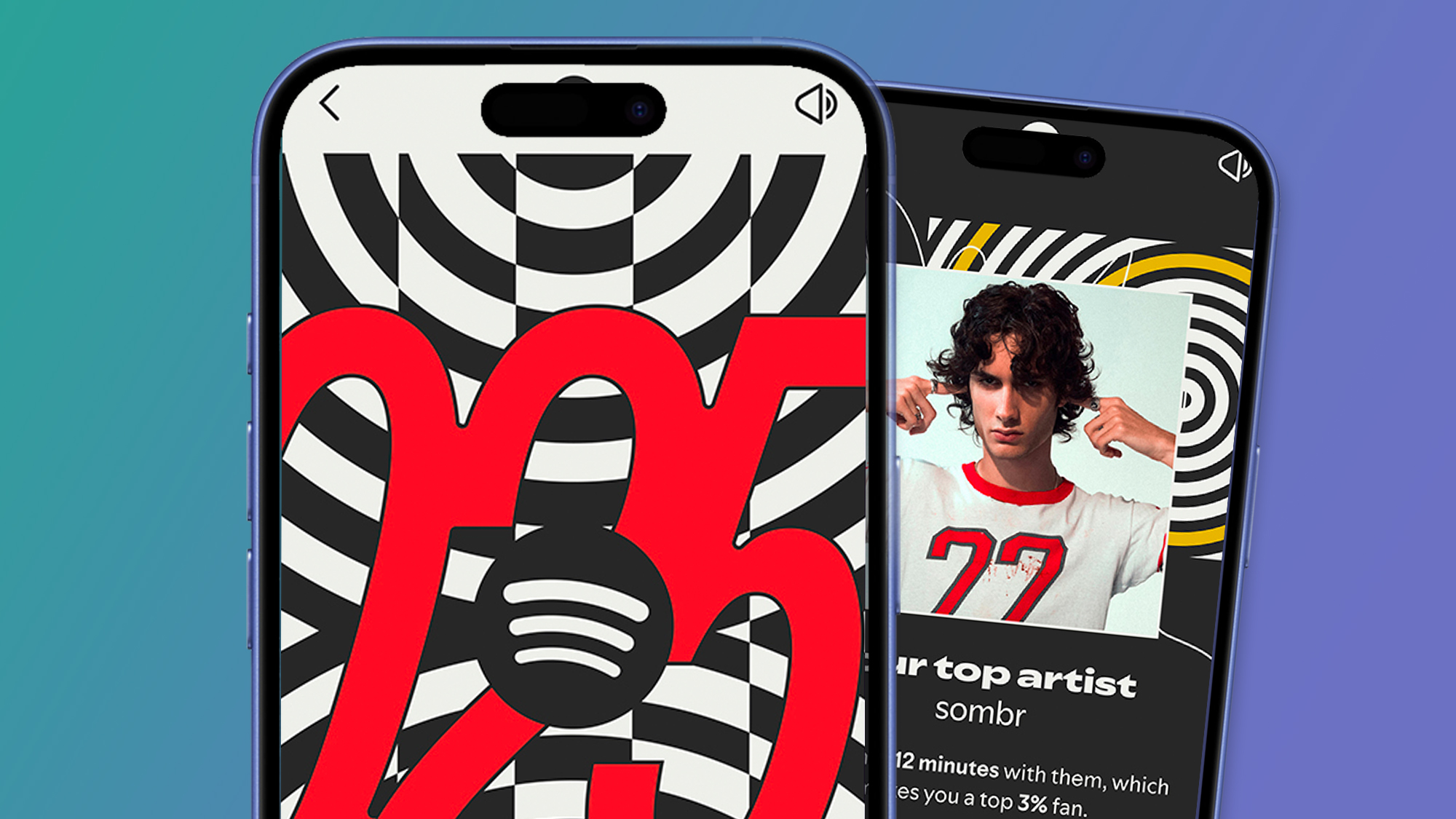 Two phones on a green and blue background showing Spotify Wrapped 2025