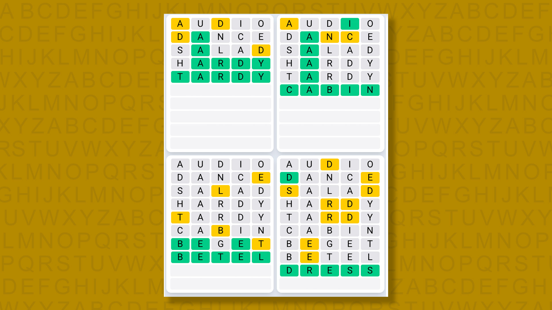 Quordle Daily Sequence answers for game 1416 on a yellow background