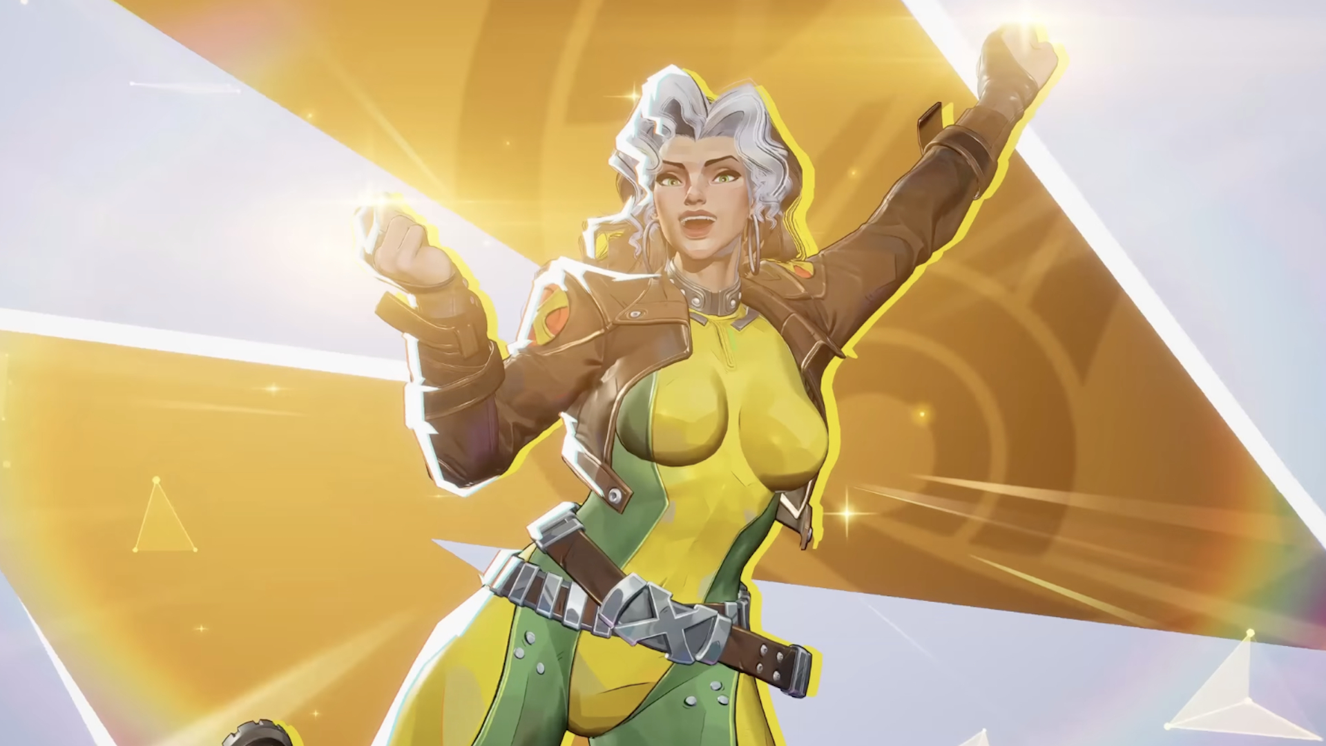Rogue strikes a victory pose with a fist in the air.