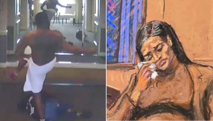 Left: Diddy photographed assaulting Cassie in hotel security footage from 2016. Right: Cassie takes the stand