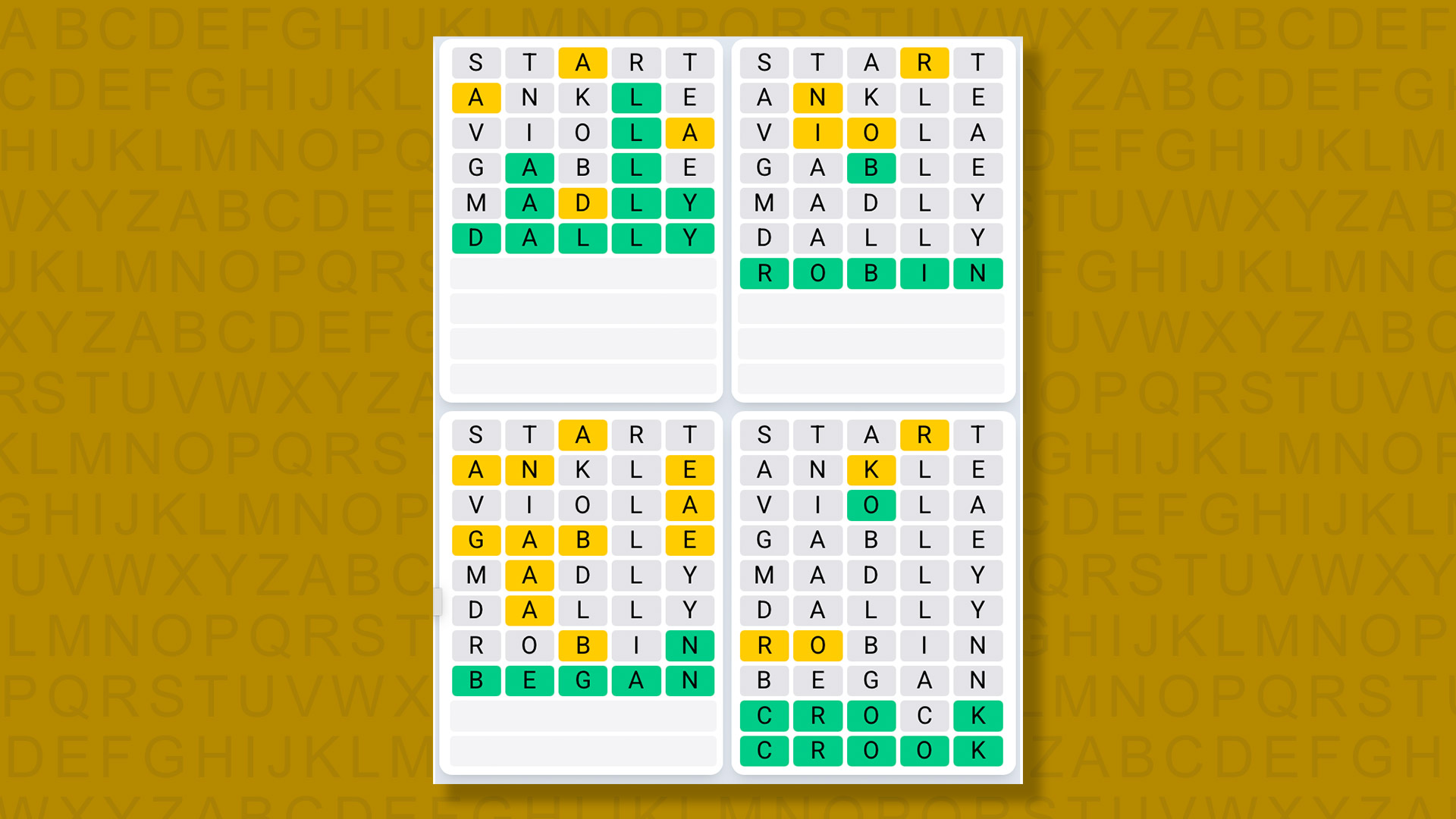 Quordle Daily Sequence answers for game 1423 on a yellow background
