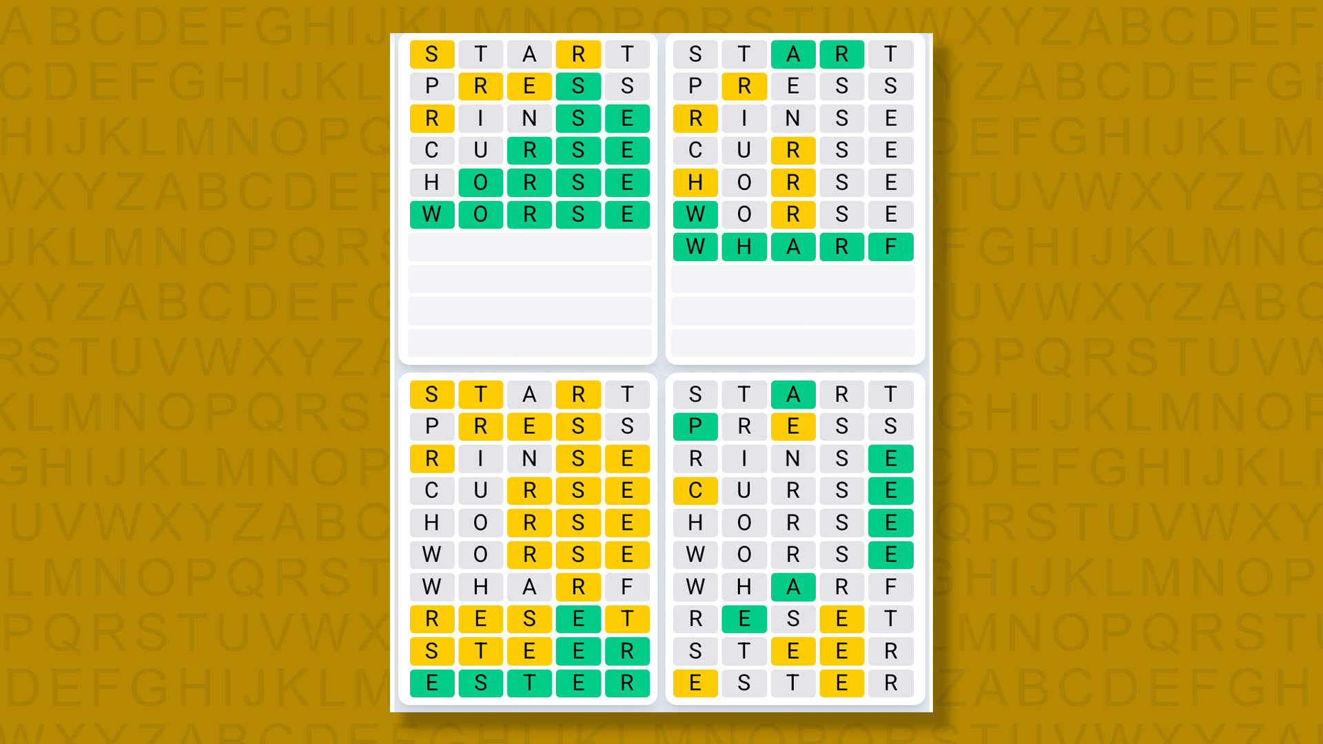 Quordle Daily Sequence answers for game 1424 on a yellow background
