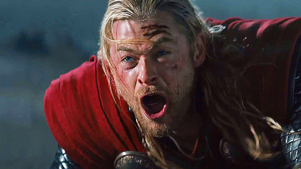 Thor screams while looking at someone off screen in Thor: The Dark World
