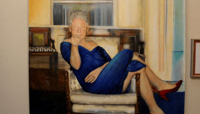 A painting of former U.S. President Bill Clinton wearing a dress is displayed inside Jeffrey Epstein's Manhattan home in this image from the estate of late financier and convicted sex offender Jeffrey Epstein, released by the Department of Justice in Washington, DC, U.S., December 19, 2025. – Reuters