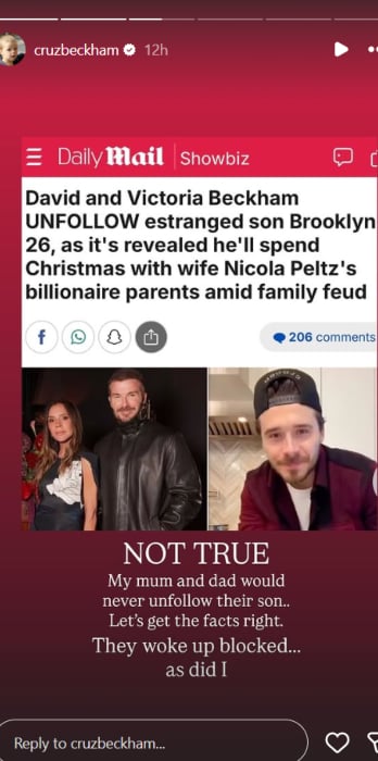 Cruz Beckham slams reports David and Victoria unfollowed Brooklyn