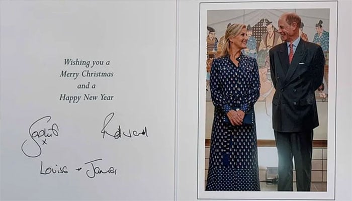 Christmas card signed by Sophie, Edward, Louise and James.