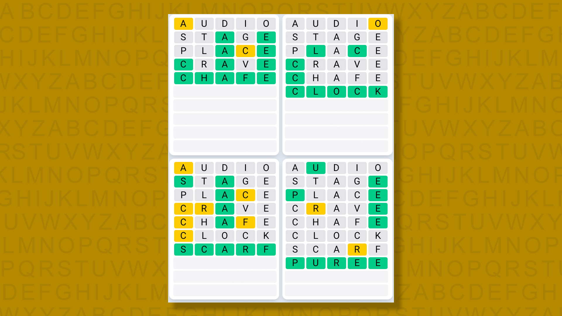 Quordle Daily Sequence answers for game 1433 on a yellow background