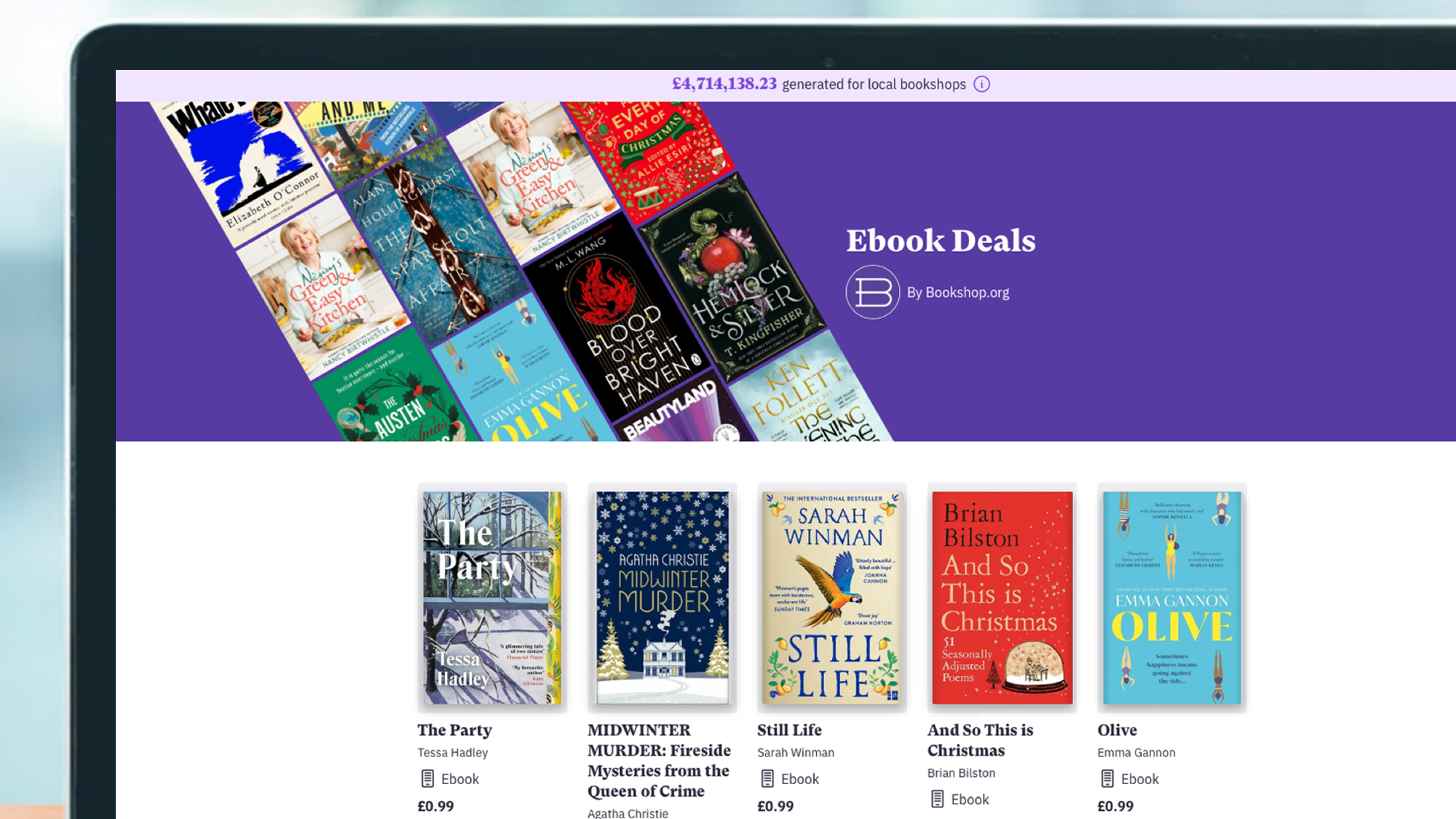 A laptop screen showing the Bookshop.org website