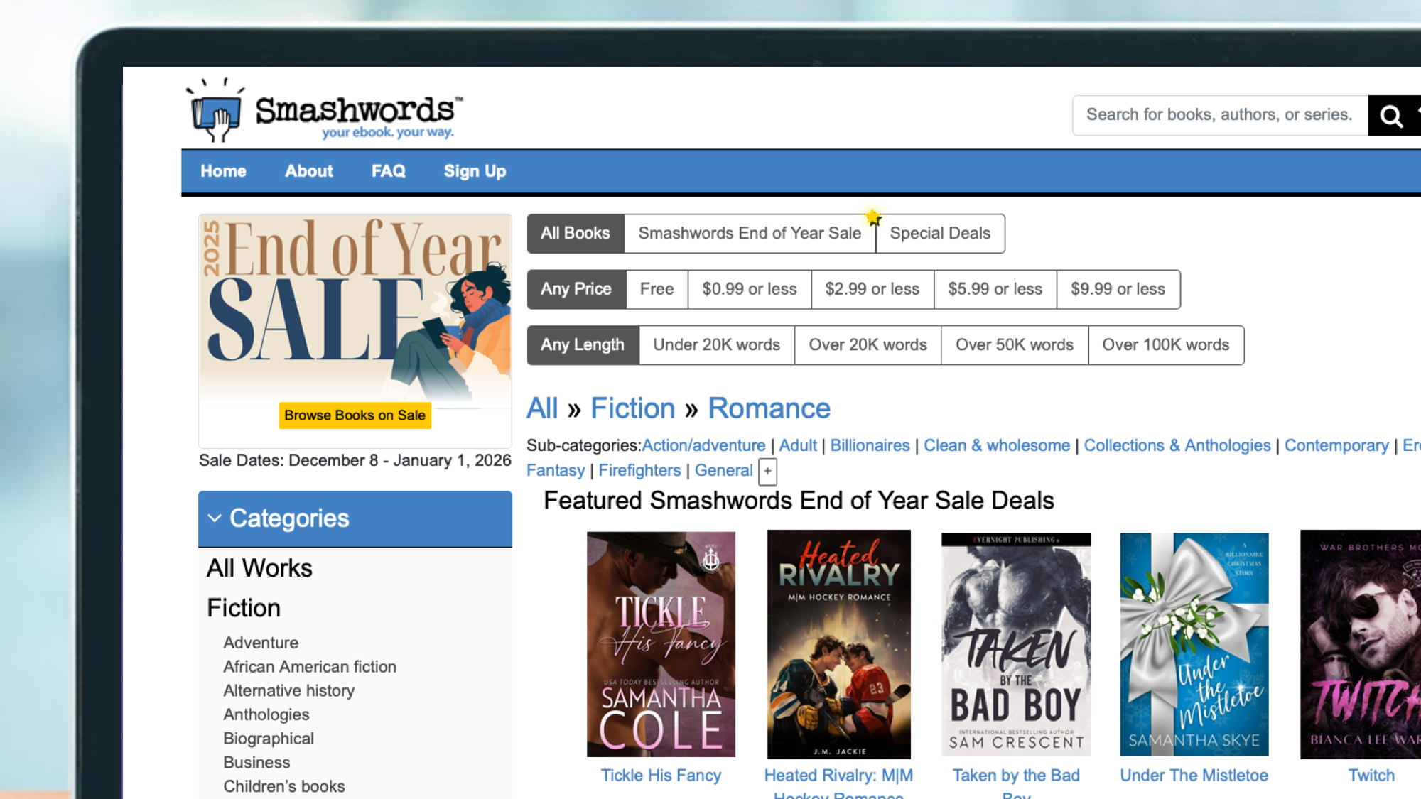 A laptop screen displaying the Smashwords website.