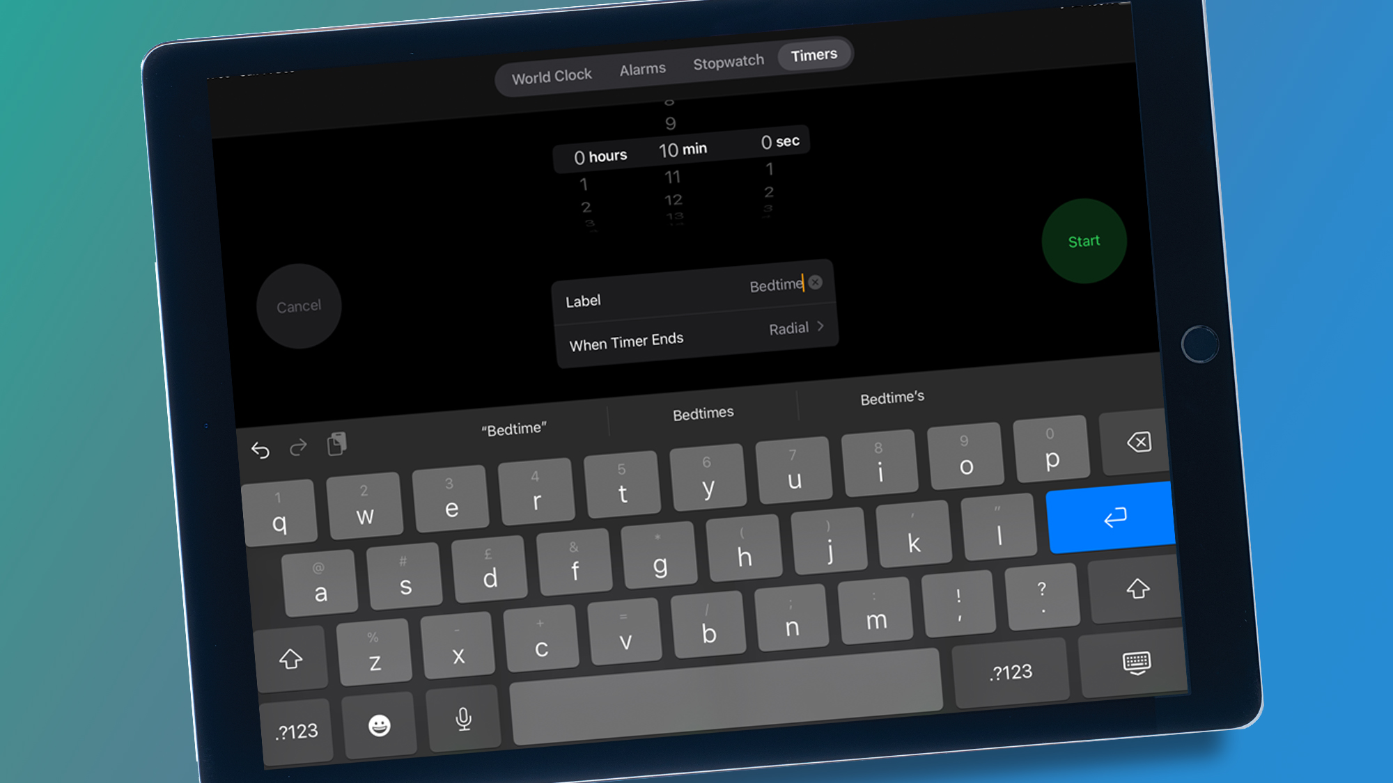 An iPad on a green and blue background showing a timer setting in the Clock app