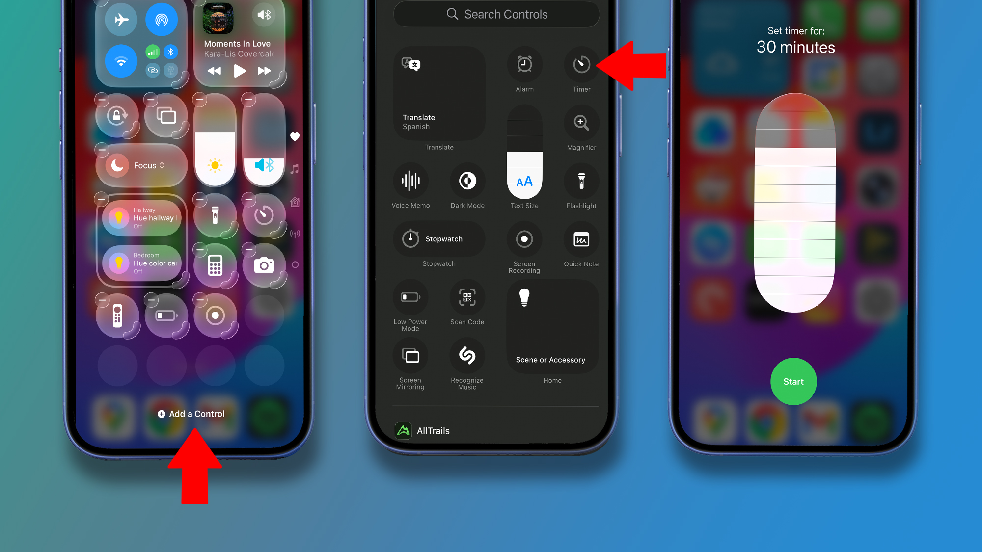 Three iPhones on a green and blue background showing the process of setting a timer in Control Center