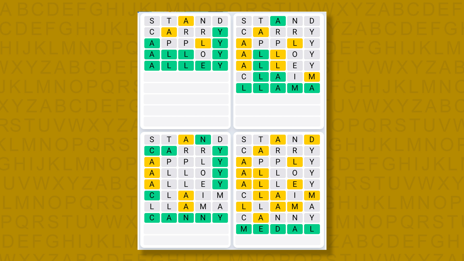Quordle Daily Sequence answers for game 1437 on a yellow background