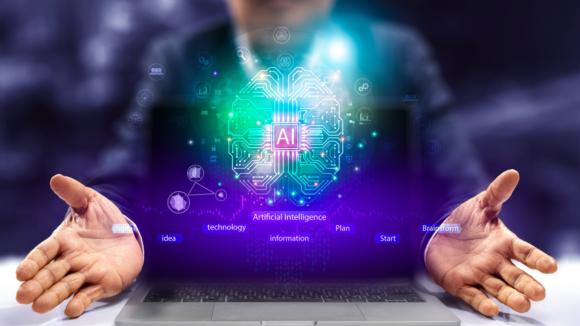 AI brain popping out of laptop screen